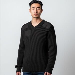 Vintage Military 100% Wool Brigade Quartermaster Men's Black V-Neck Sweater